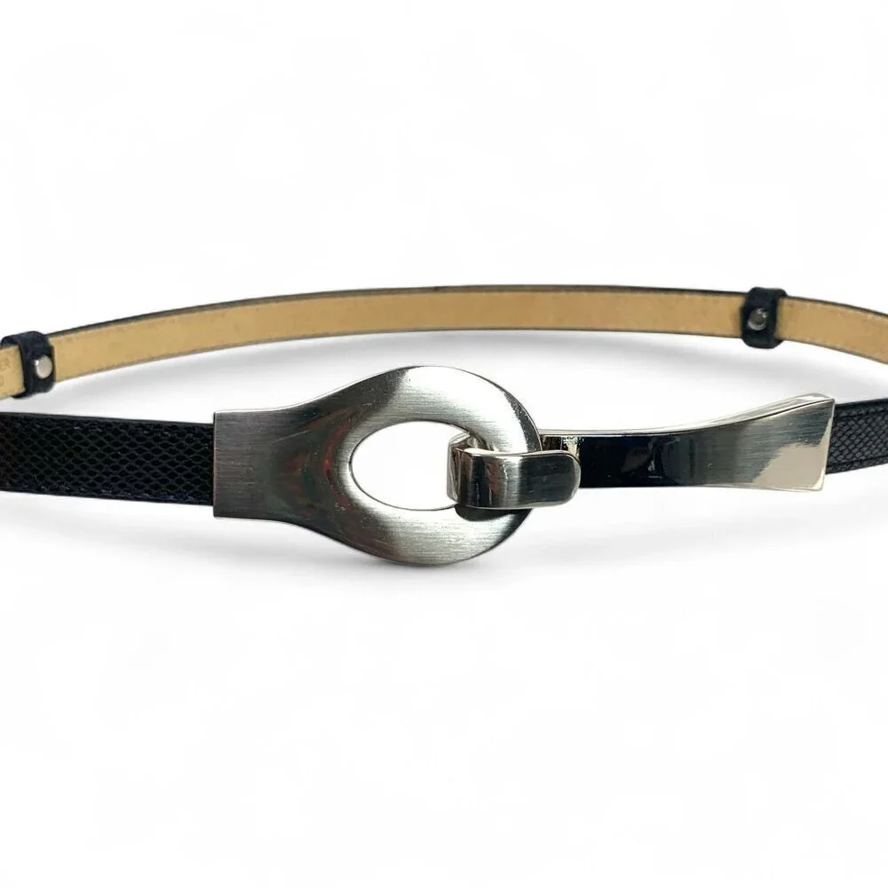Black Slider Belt With Brushed Silver Metal Clasp Adjustable Leather Lined M/L